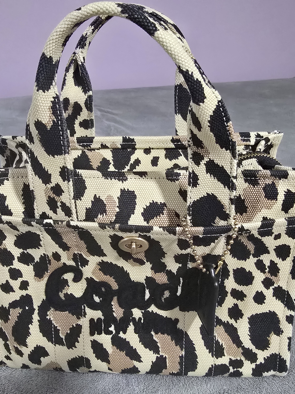 Coach Leopard-Print Canvas Tote in Black and Cream with Tan Accents